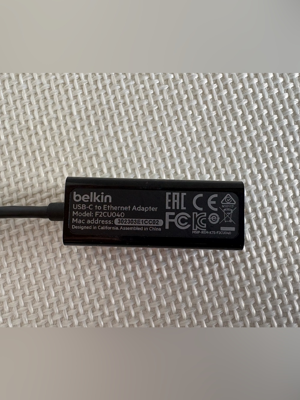 Belkin USB-C to Ethernet Adapter Model F2CU040 Dongle